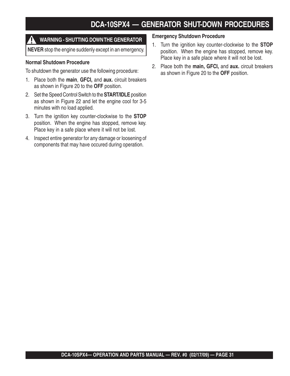 Dca-10spx4 — generator shut-down procedures | Multiquip Whisperwatt Series 60 Hz Generator DCA-10SPX4 User Manual | Page 31 / 74