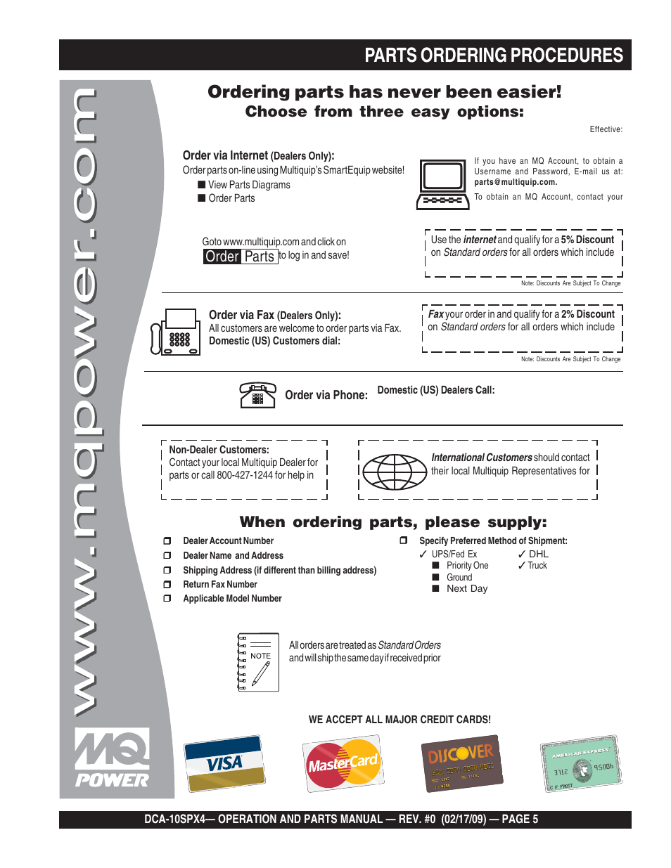 1parts ordering procedures, Ordering parts has never been easier | Multiquip Whisperwatt Series 60 Hz Generator DCA-10SPX4 User Manual | Page 5 / 74