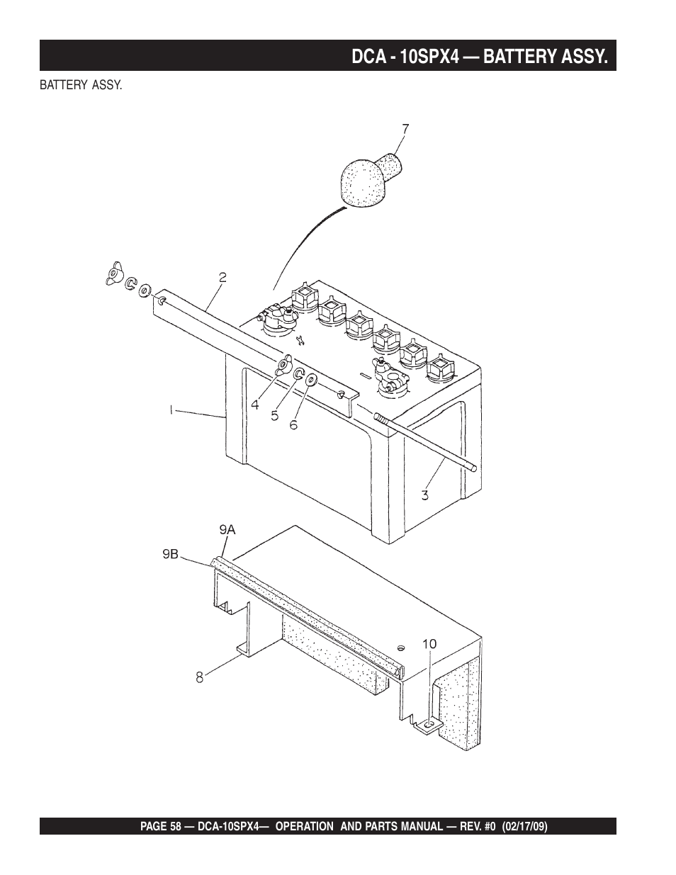 Dca - 10spx4 — battery assy | Multiquip Whisperwatt Series 60 Hz Generator DCA-10SPX4 User Manual | Page 58 / 74