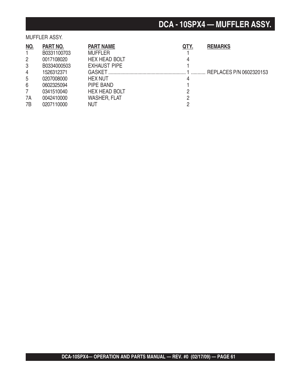 1dca - 10spx4 — muffler assy | Multiquip Whisperwatt Series 60 Hz Generator DCA-10SPX4 User Manual | Page 61 / 74