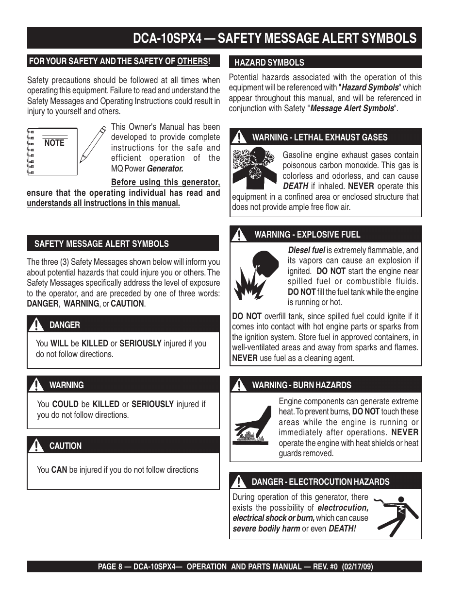 Dca-10spx4 — safety message alert symbols | Multiquip Whisperwatt Series 60 Hz Generator DCA-10SPX4 User Manual | Page 8 / 74