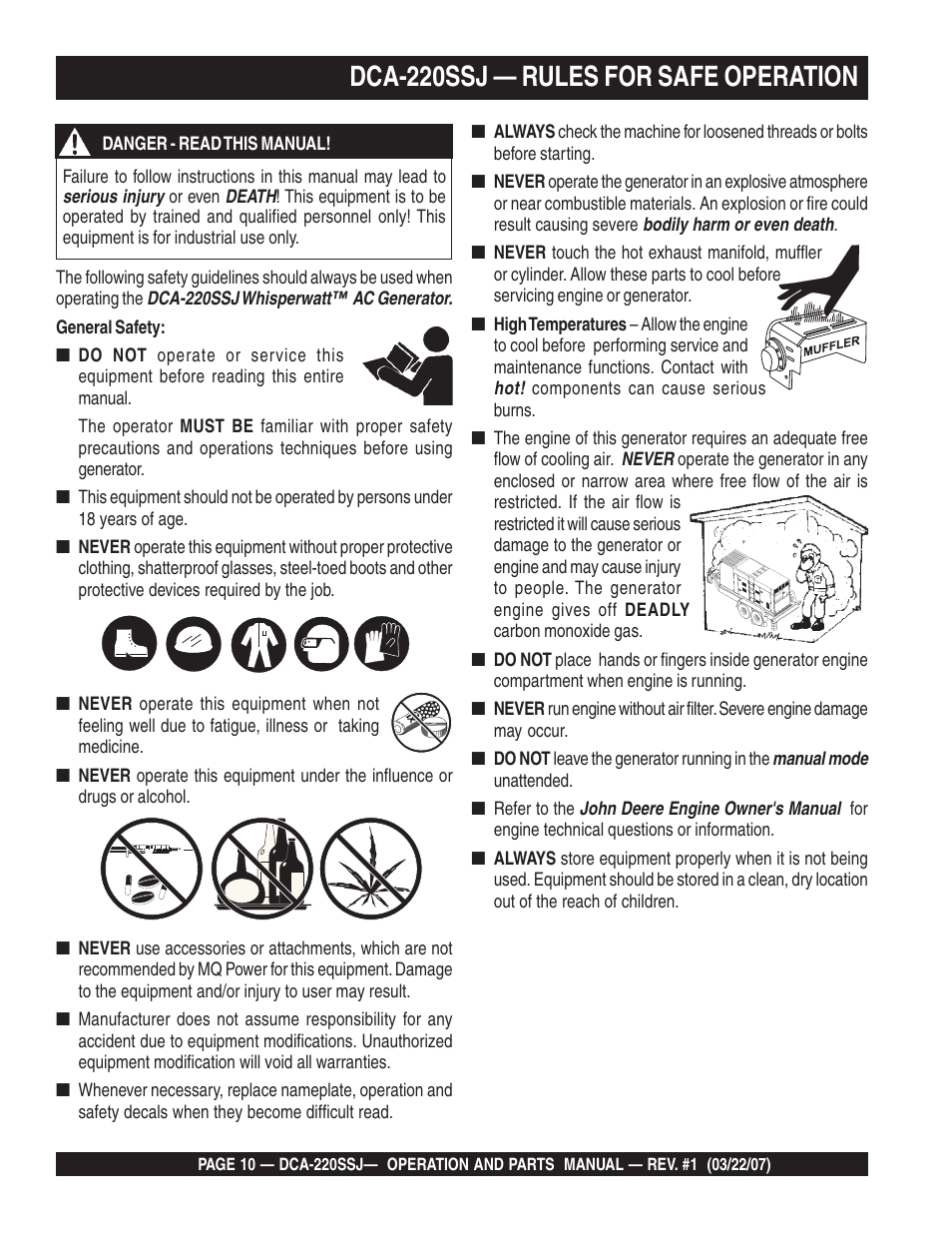 Dca-220ssj — rules for safe operation | Multiquip MQPower Whisperwatt Series 60Hz Generator DCA-220SSJ User Manual | Page 10 / 108