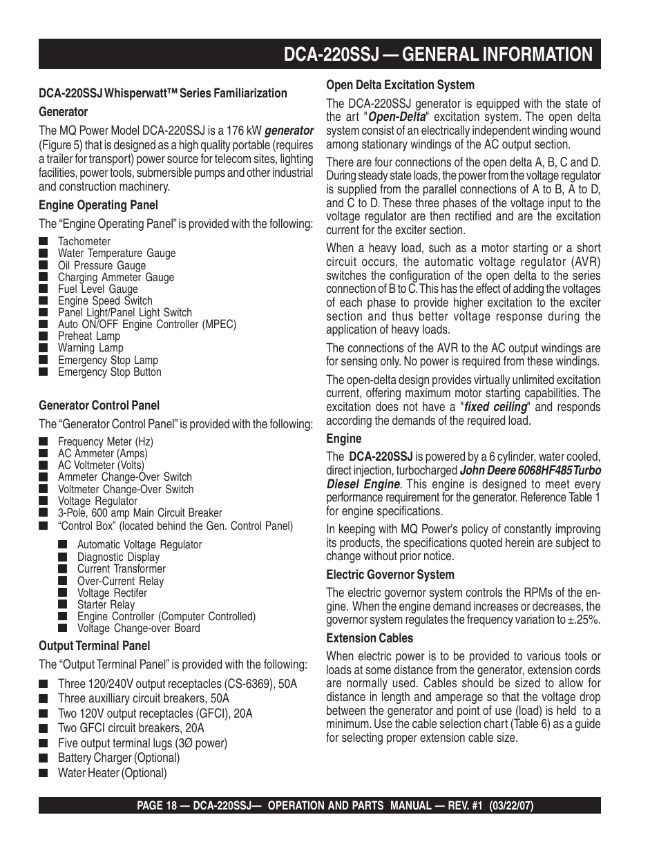 Dca-220ssj — general information | Multiquip MQPower Whisperwatt Series 60Hz Generator DCA-220SSJ User Manual | Page 18 / 108