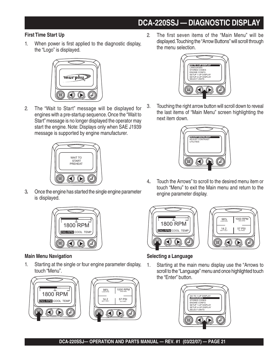 Dca-220ssj — diagnostic display, 1800 rpm | Multiquip MQPower Whisperwatt Series 60Hz Generator DCA-220SSJ User Manual | Page 21 / 108