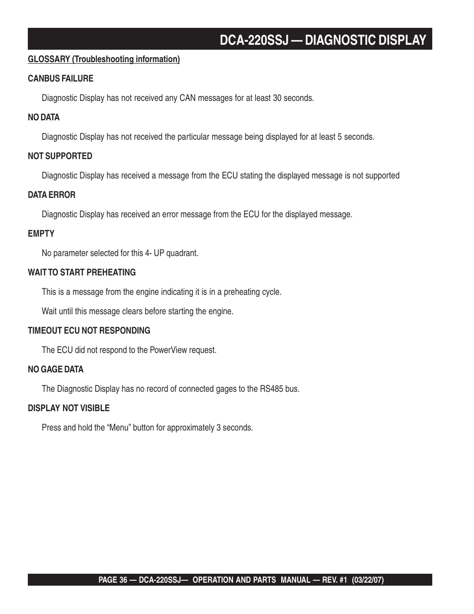 Dca-220ssj — diagnostic display | Multiquip MQPower Whisperwatt Series 60Hz Generator DCA-220SSJ User Manual | Page 36 / 108