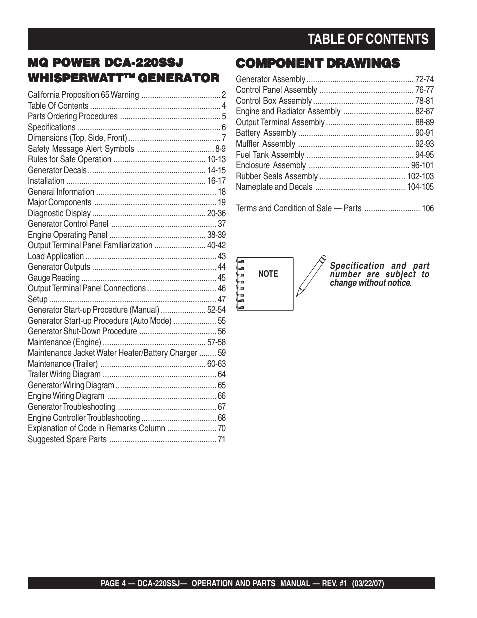 Multiquip MQPower Whisperwatt Series 60Hz Generator DCA-220SSJ User Manual | Page 4 / 108