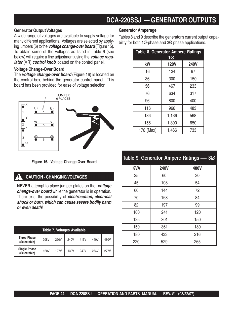 Dca-220ssj — generator outputs | Multiquip MQPower Whisperwatt Series 60Hz Generator DCA-220SSJ User Manual | Page 44 / 108