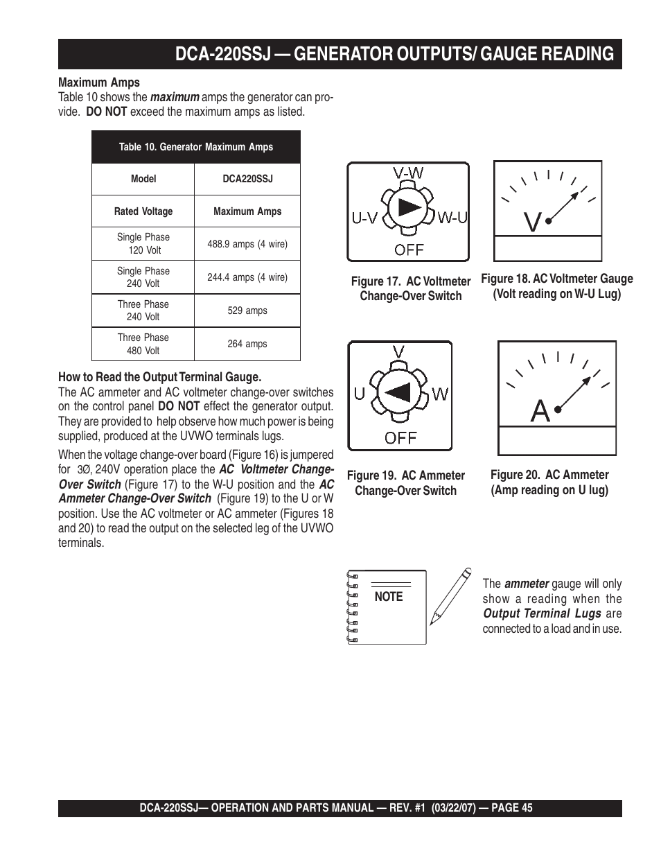 Dca-220ssj — generator outputs/ gauge reading | Multiquip MQPower Whisperwatt Series 60Hz Generator DCA-220SSJ User Manual | Page 45 / 108