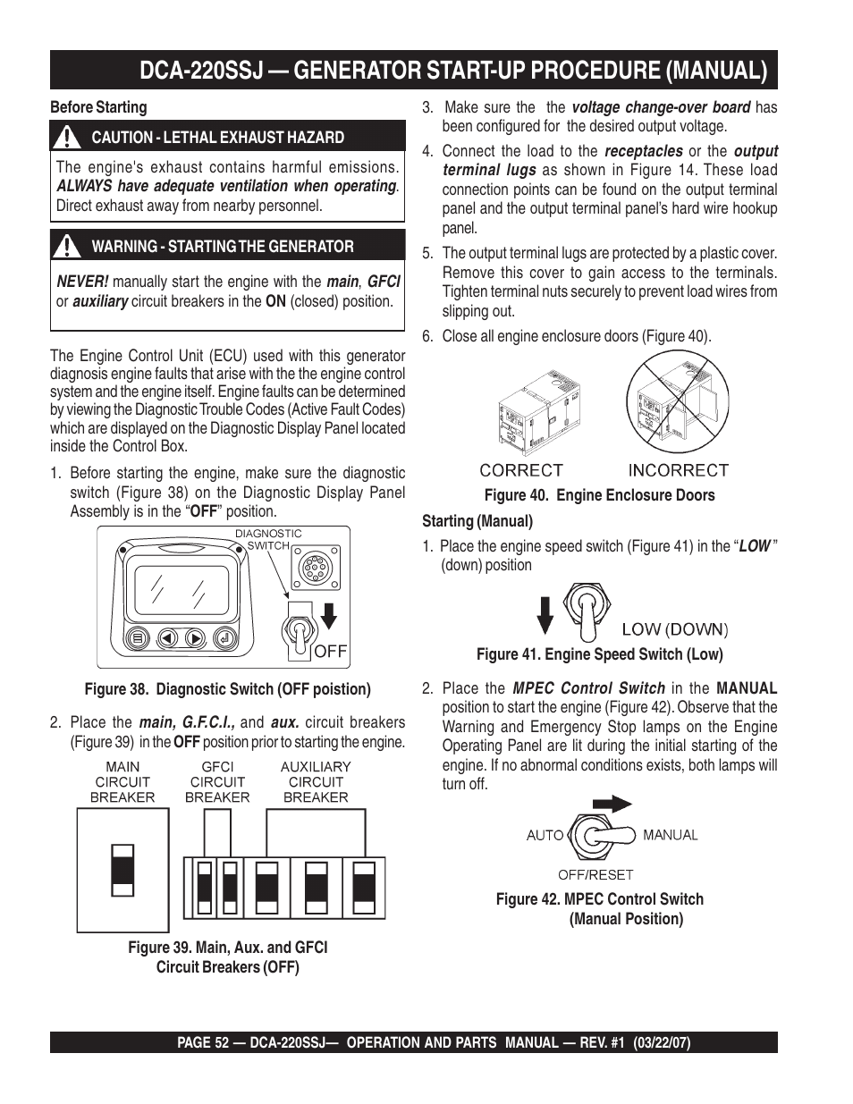Dca-220ssj — generator start-up procedure (manual) | Multiquip MQPower Whisperwatt Series 60Hz Generator DCA-220SSJ User Manual | Page 52 / 108