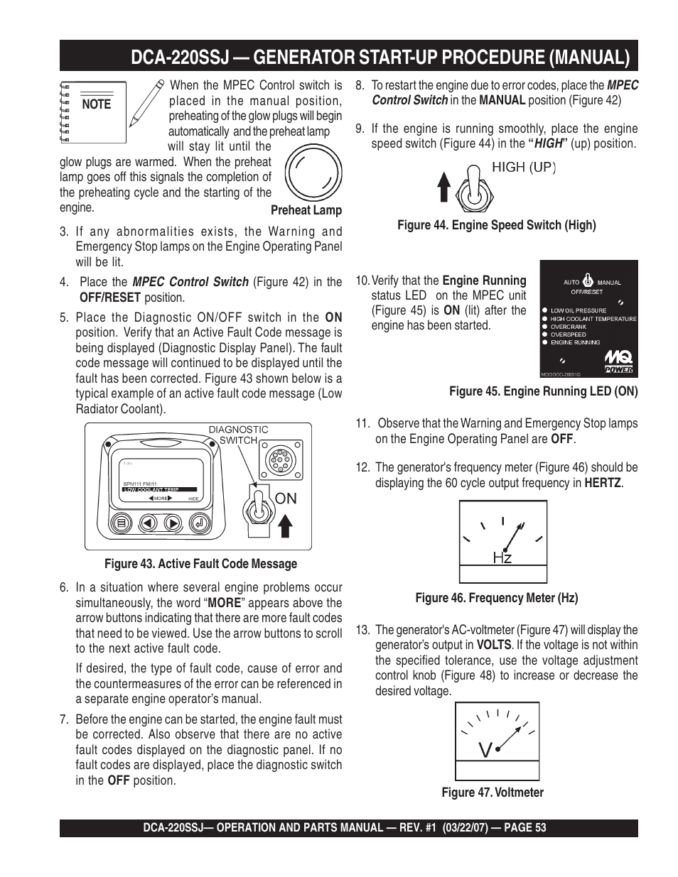 Dca-220ssj — generator start-up procedure (manual) | Multiquip MQPower Whisperwatt Series 60Hz Generator DCA-220SSJ User Manual | Page 53 / 108