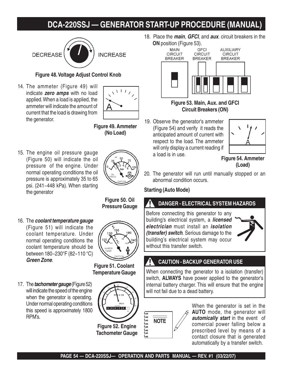 Dca-220ssj — generator start-up procedure (manual) | Multiquip MQPower Whisperwatt Series 60Hz Generator DCA-220SSJ User Manual | Page 54 / 108