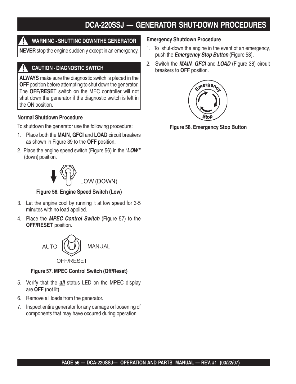 Dca-220ssj — generator shut-down procedures | Multiquip MQPower Whisperwatt Series 60Hz Generator DCA-220SSJ User Manual | Page 56 / 108