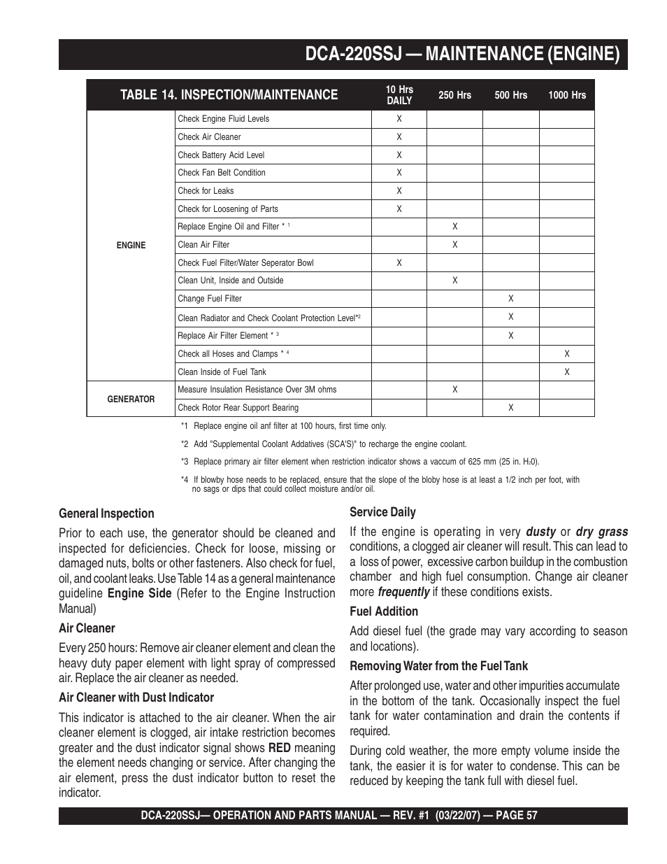 1dca-220ssj — maintenance (engine) | Multiquip MQPower Whisperwatt Series 60Hz Generator DCA-220SSJ User Manual | Page 57 / 108