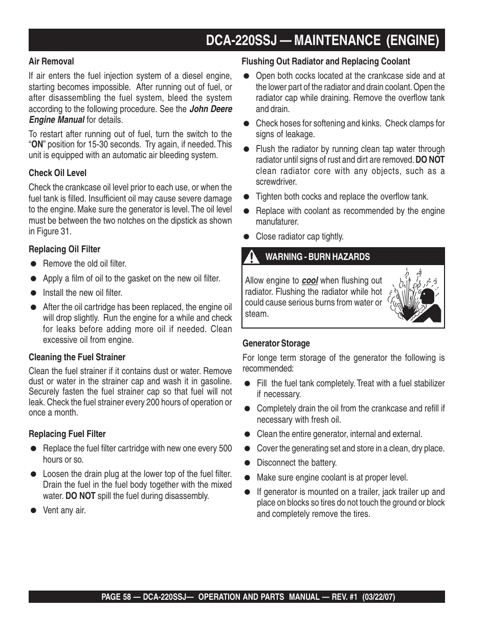 Dca-220ssj — maintenance (engine) | Multiquip MQPower Whisperwatt Series 60Hz Generator DCA-220SSJ User Manual | Page 58 / 108