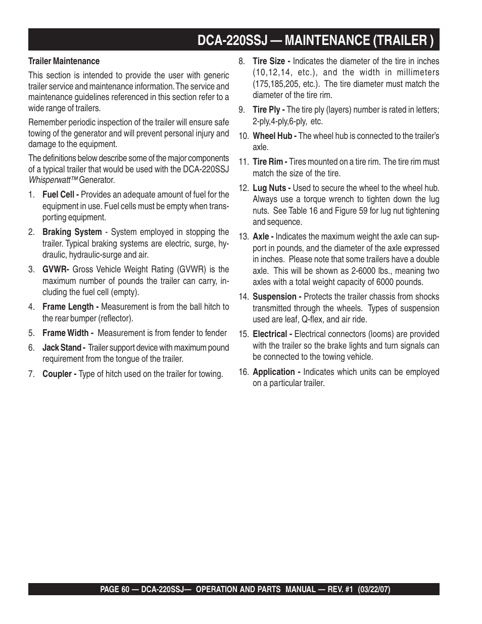 Dca-220ssj — maintenance (trailer ) | Multiquip MQPower Whisperwatt Series 60Hz Generator DCA-220SSJ User Manual | Page 60 / 108