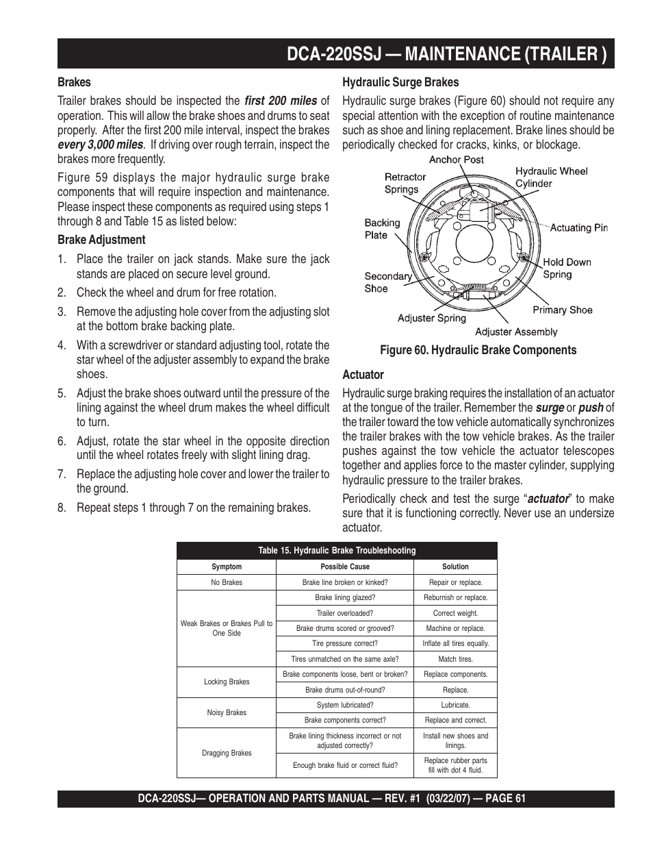 1dca-220ssj — maintenance (trailer ) | Multiquip MQPower Whisperwatt Series 60Hz Generator DCA-220SSJ User Manual | Page 61 / 108