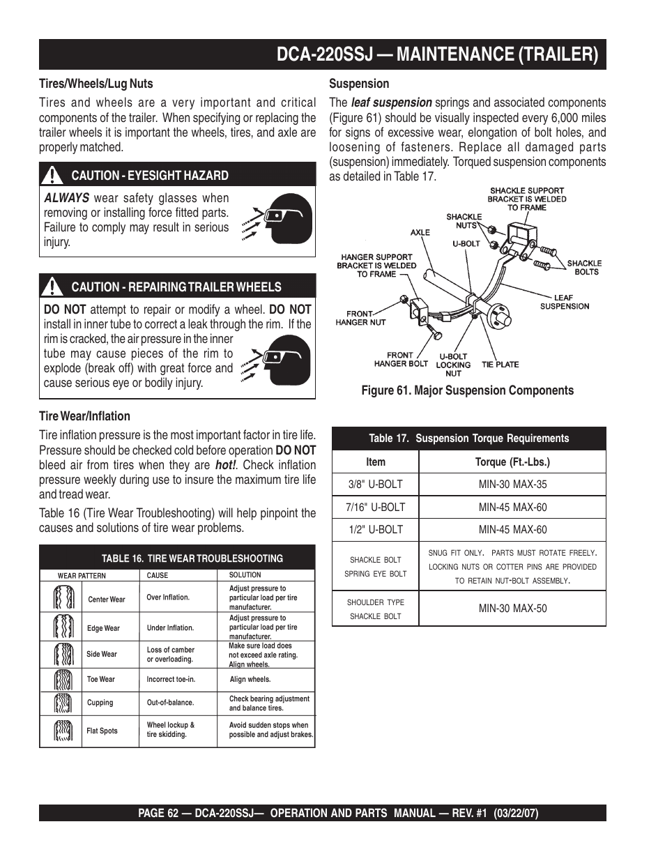 Dca-220ssj — maintenance (trailer) | Multiquip MQPower Whisperwatt Series 60Hz Generator DCA-220SSJ User Manual | Page 62 / 108