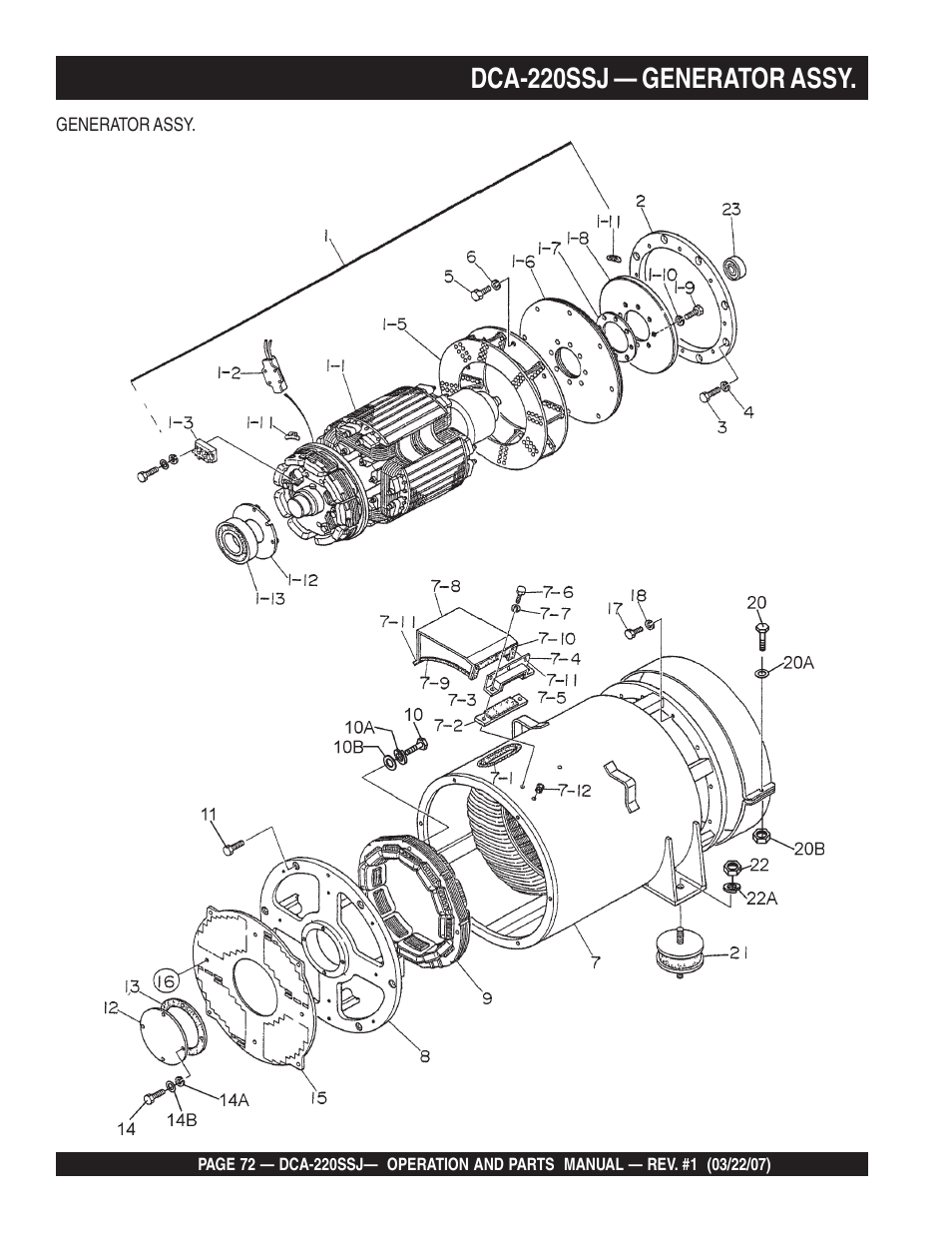 Dca-220ssj — generator assy | Multiquip MQPower Whisperwatt Series 60Hz Generator DCA-220SSJ User Manual | Page 72 / 108