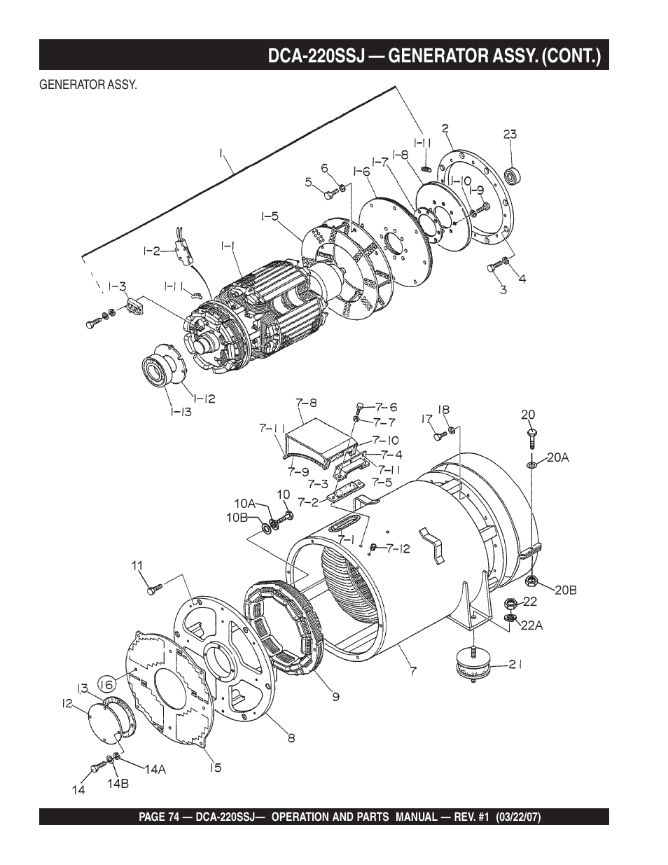 Dca-220ssj — generator assy. (cont.) | Multiquip MQPower Whisperwatt Series 60Hz Generator DCA-220SSJ User Manual | Page 74 / 108