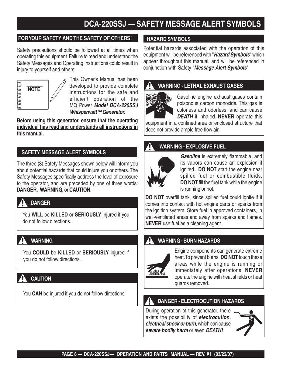 Dca-220ssj — safety message alert symbols | Multiquip MQPower Whisperwatt Series 60Hz Generator DCA-220SSJ User Manual | Page 8 / 108