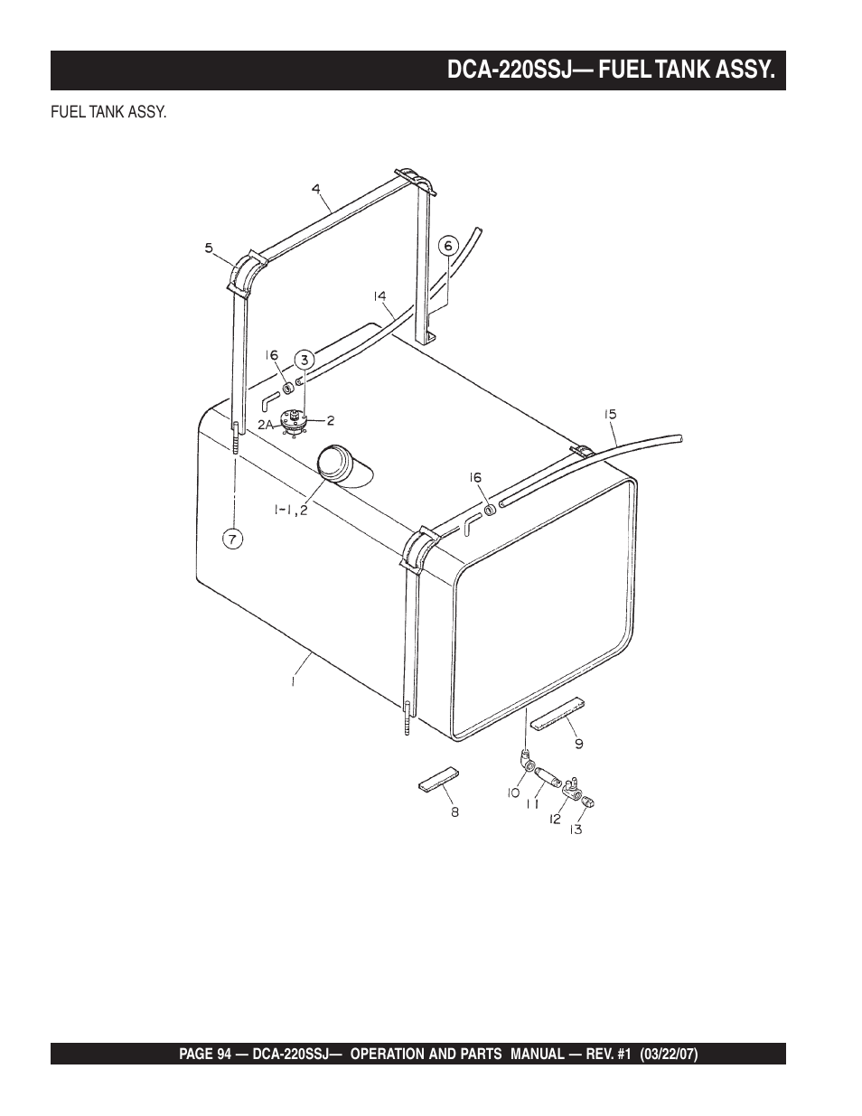 Dca-220ssj— fuel tank assy | Multiquip MQPower Whisperwatt Series 60Hz Generator DCA-220SSJ User Manual | Page 94 / 108