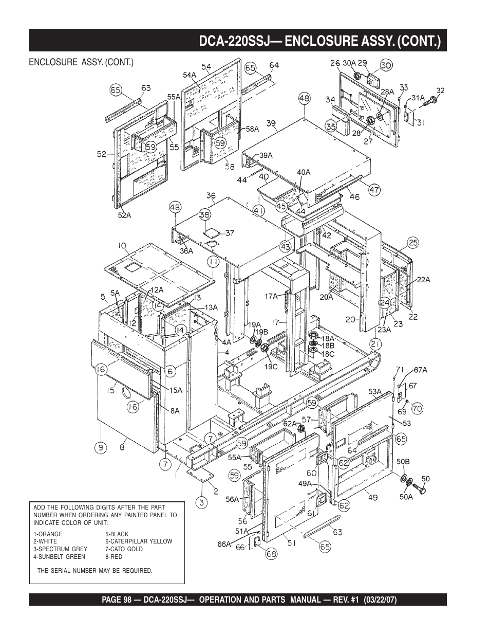 Dca-220ssj— enclosure assy. (cont.), Enclosure assy. (cont.) | Multiquip MQPower Whisperwatt Series 60Hz Generator DCA-220SSJ User Manual | Page 98 / 108