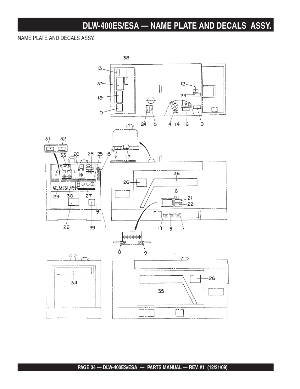 Dlw-400es/esa — name plate and decals assy | Multiquip Welder/Generator DLW-400ES User Manual | Page 34 / 116