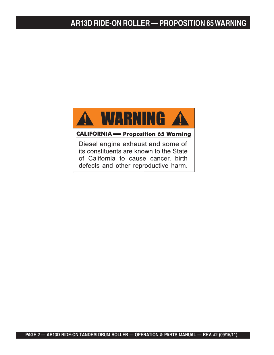 Ar13d ride-on roller — proposition 65 warning | Multiquip RIDE-ON TANDEM DRUM ROLLER AR13D User Manual | Page 2 / 92