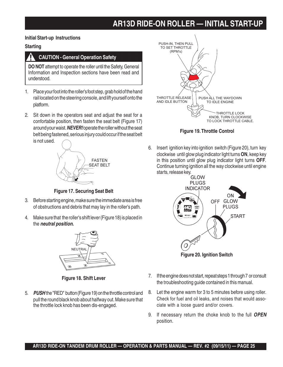 Ar13d ride-on roller — initial start-up | Multiquip RIDE-ON TANDEM DRUM ROLLER AR13D User Manual | Page 25 / 92