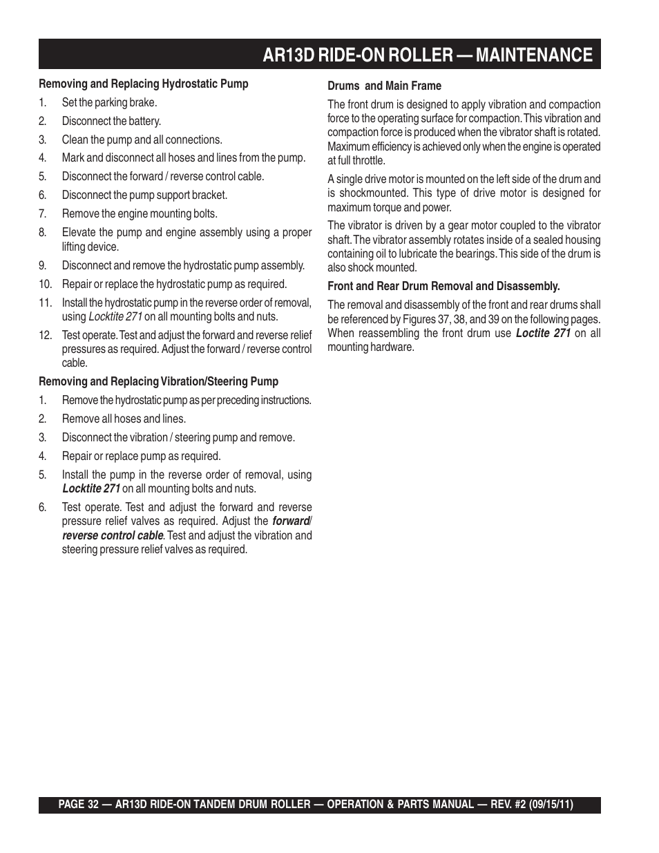 Ar13d ride-on roller — maintenance | Multiquip RIDE-ON TANDEM DRUM ROLLER AR13D User Manual | Page 32 / 92