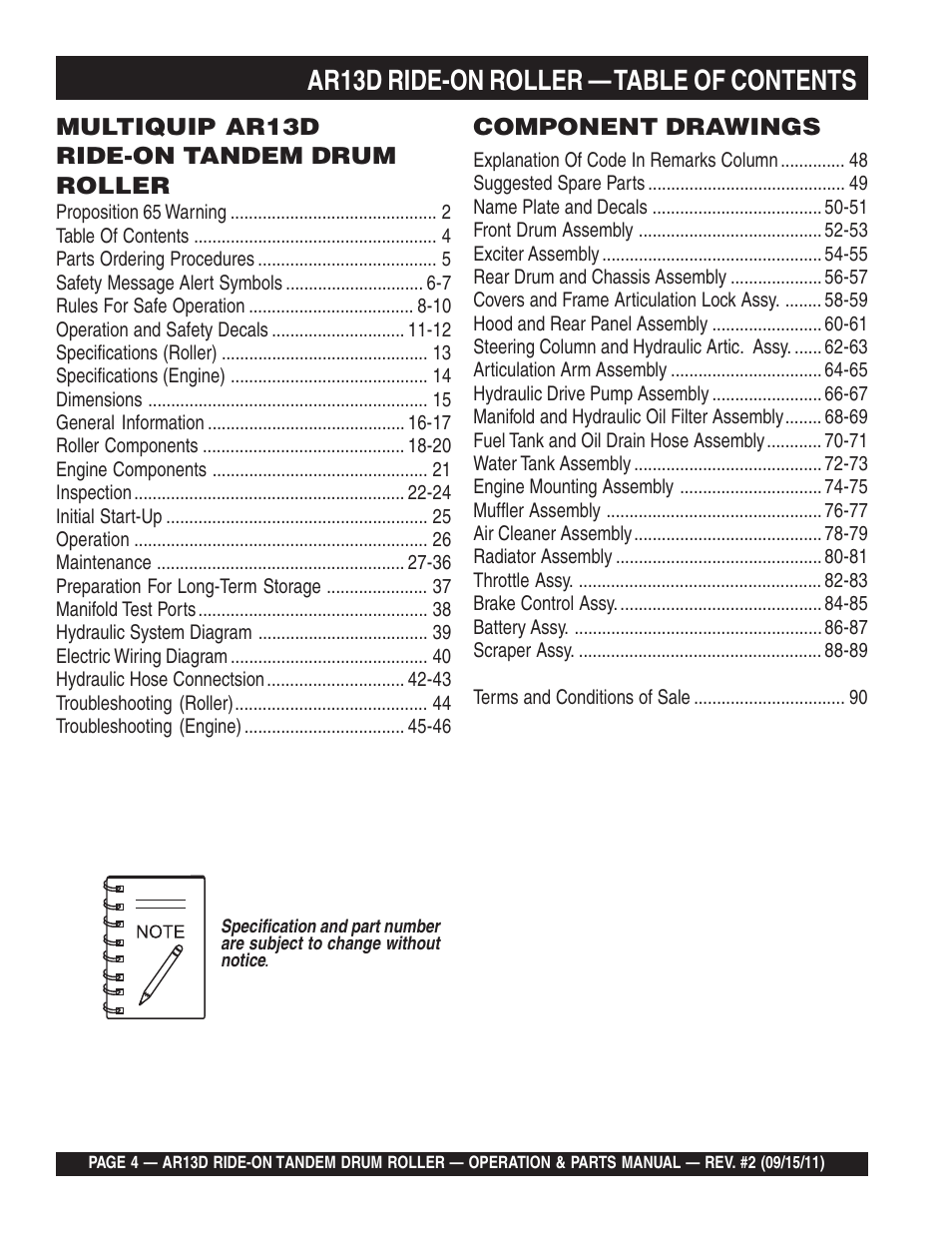 Ar13d ride-on roller — table of contents | Multiquip RIDE-ON TANDEM DRUM ROLLER AR13D User Manual | Page 4 / 92