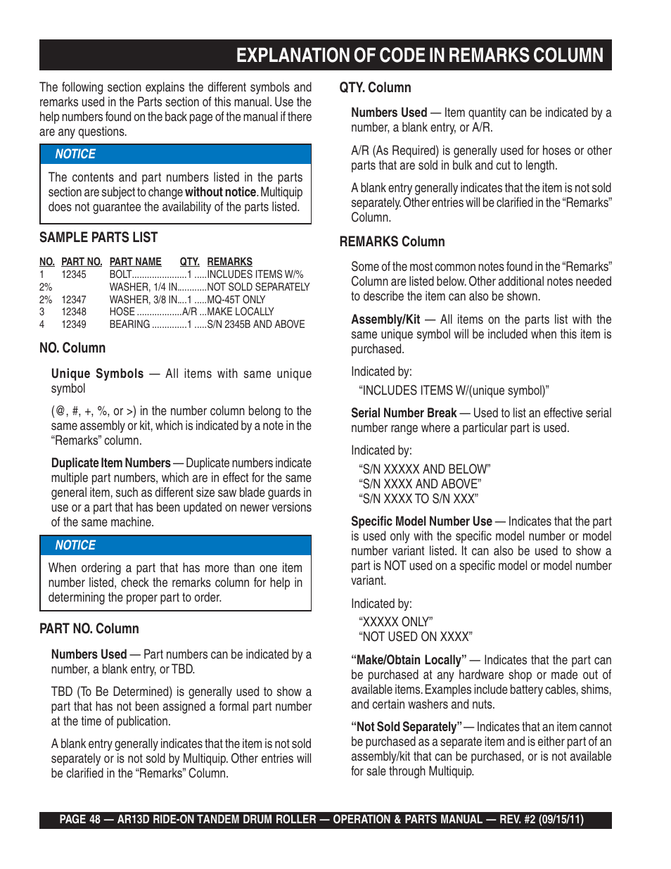 Explanation of code in remarks column | Multiquip RIDE-ON TANDEM DRUM ROLLER AR13D User Manual | Page 48 / 92