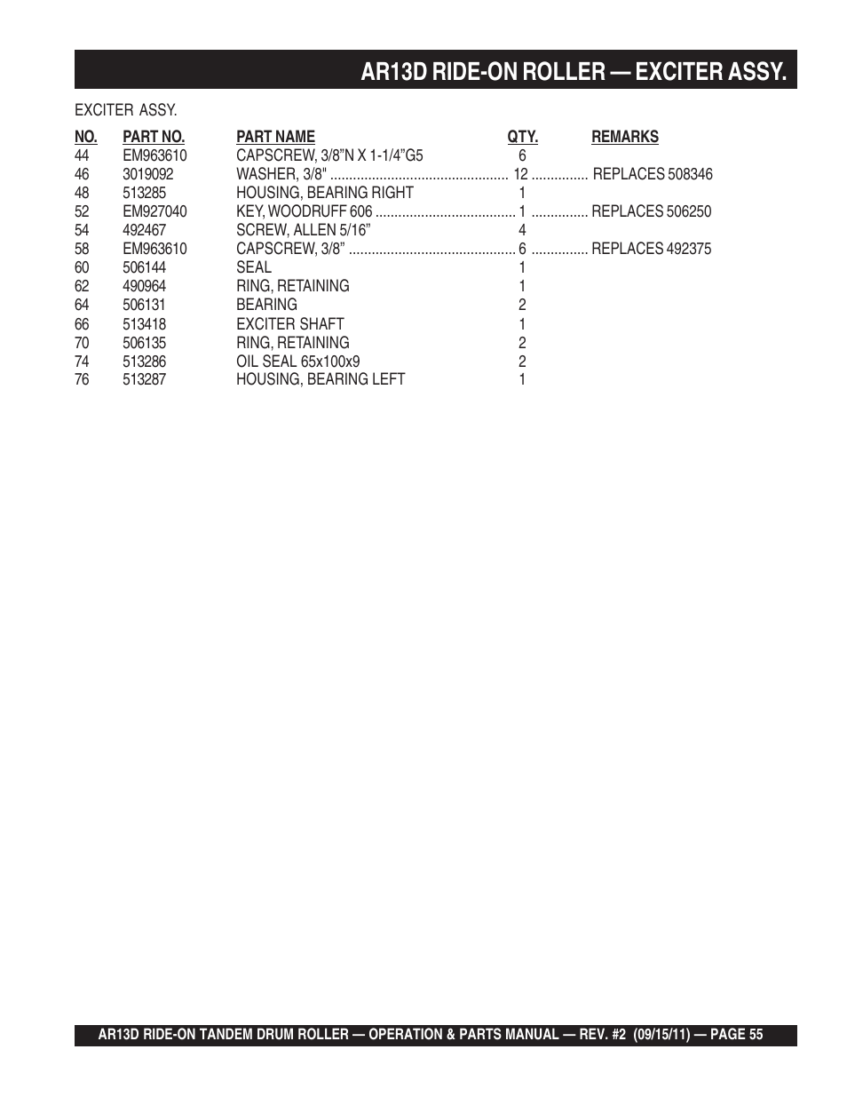 Ar13d ride-on roller — exciter assy | Multiquip RIDE-ON TANDEM DRUM ROLLER AR13D User Manual | Page 55 / 92