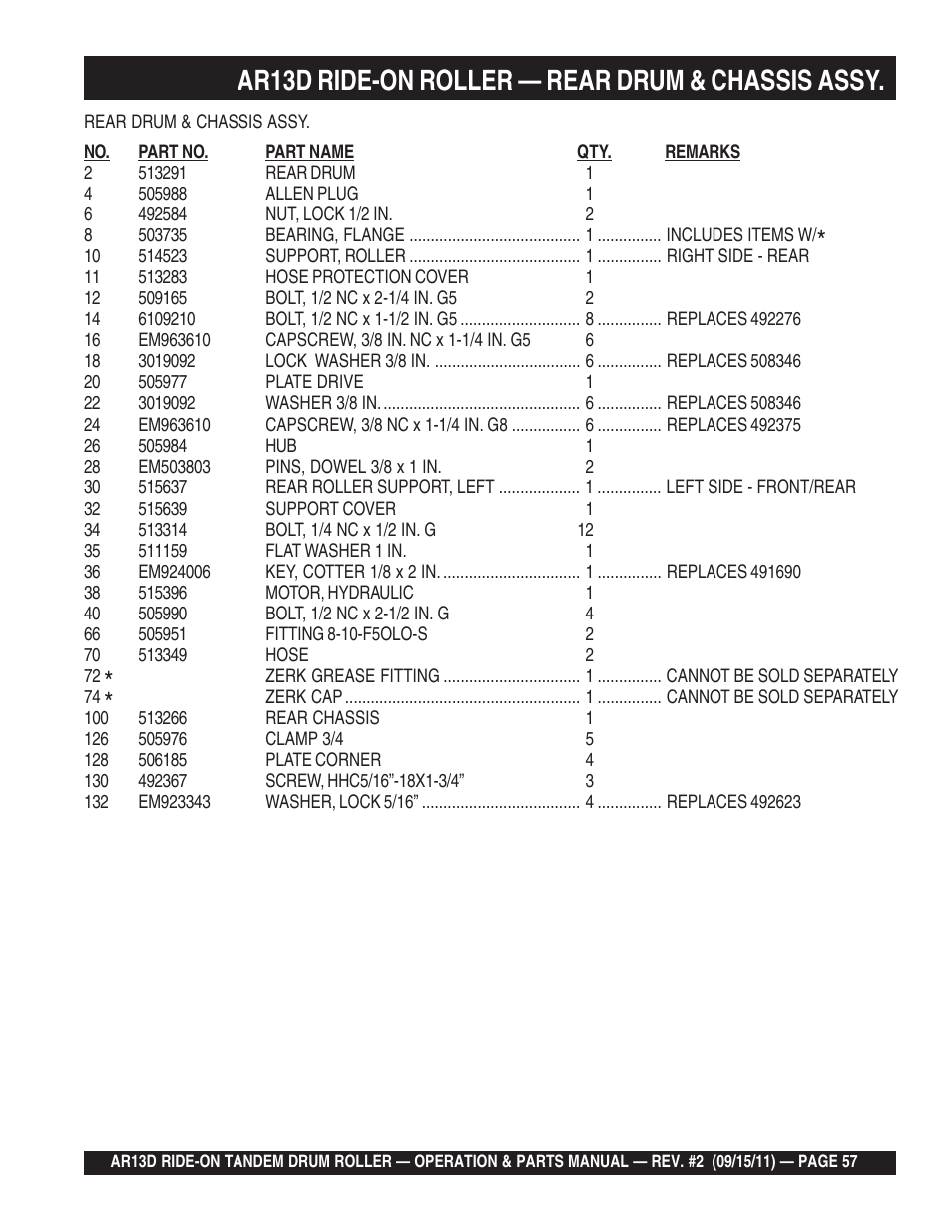 Ar13d ride-on roller — rear drum & chassis assy | Multiquip RIDE-ON TANDEM DRUM ROLLER AR13D User Manual | Page 57 / 92