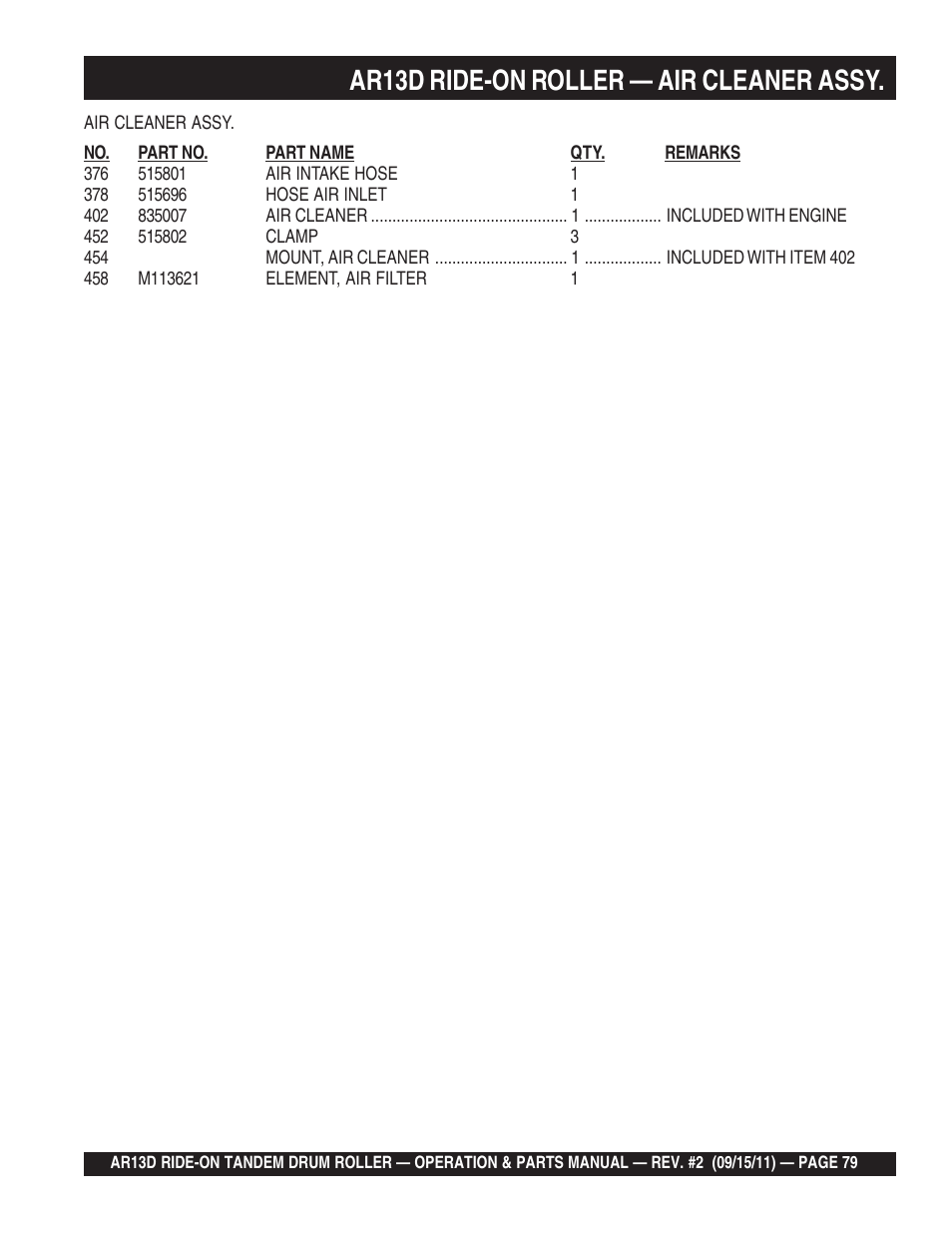 Ar13d ride-on roller — air cleaner assy | Multiquip RIDE-ON TANDEM DRUM ROLLER AR13D User Manual | Page 79 / 92