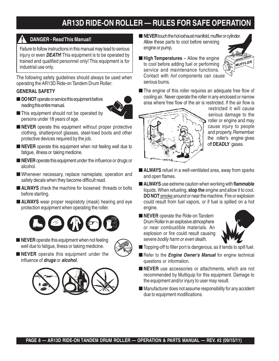 Ar13d ride-on roller — rules for safe operation | Multiquip RIDE-ON TANDEM DRUM ROLLER AR13D User Manual | Page 8 / 92