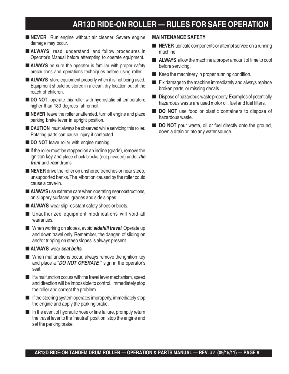 Ar13d ride-on roller — rules for safe operation | Multiquip RIDE-ON TANDEM DRUM ROLLER AR13D User Manual | Page 9 / 92