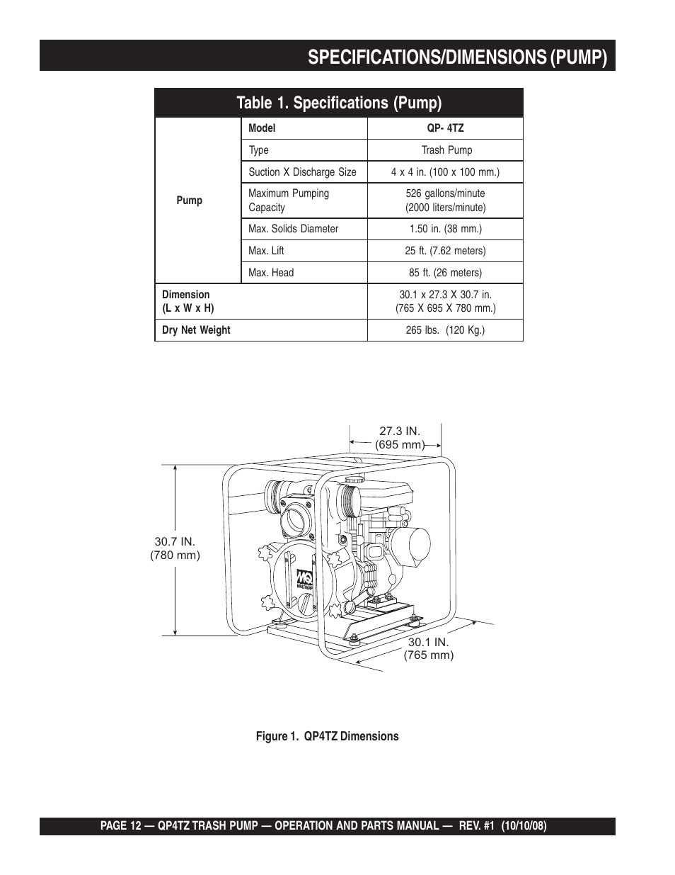 Specifications/dimensions (pump) | Multiquip Trash Pump QP4TZ User Manual | Page 12 / 92