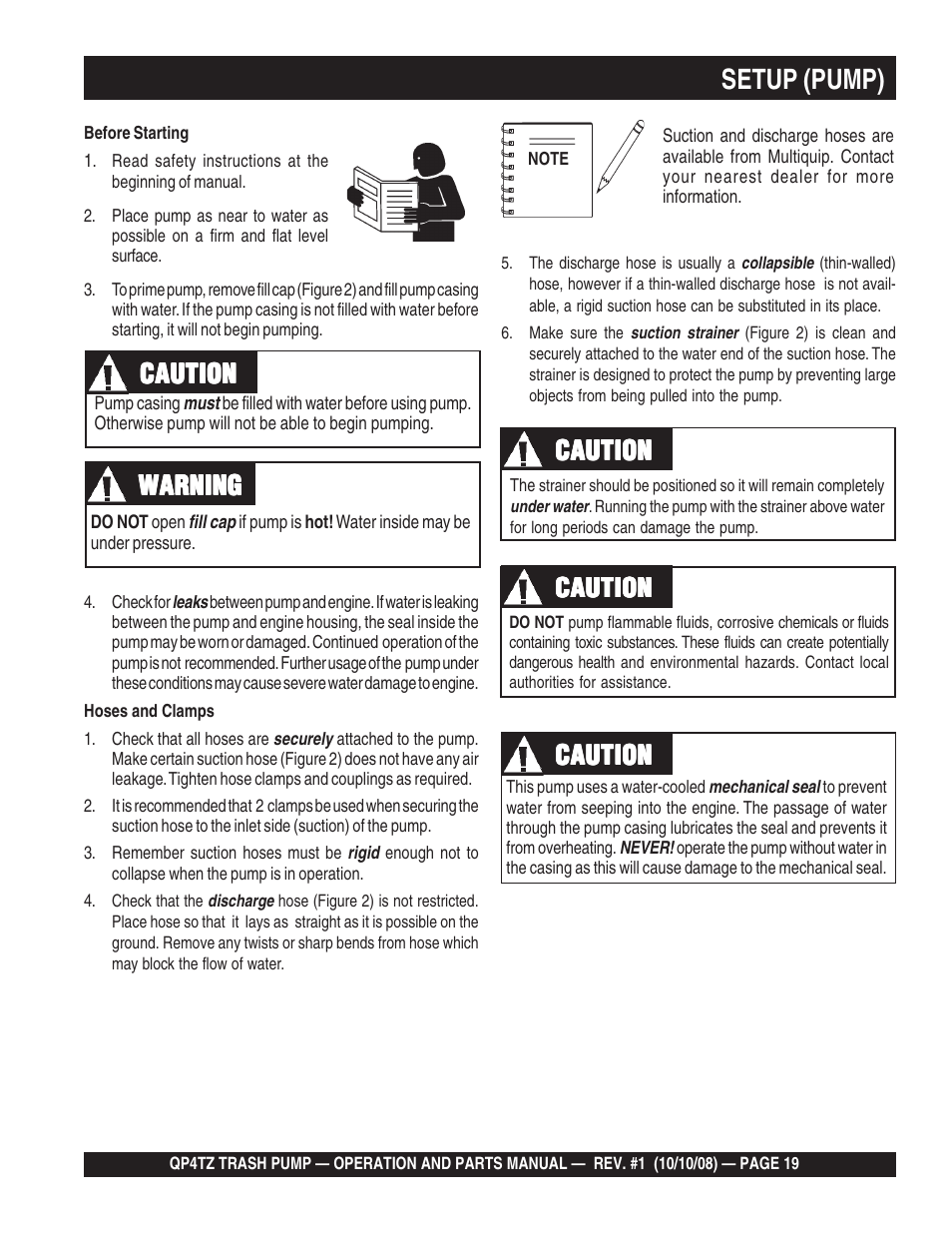 Setup (pump), Caution | Multiquip Trash Pump QP4TZ User Manual | Page 19 / 92