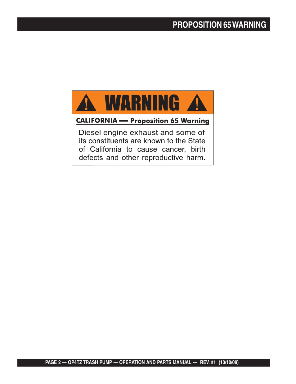 Proposition 65 warning | Multiquip Trash Pump QP4TZ User Manual | Page 2 / 92