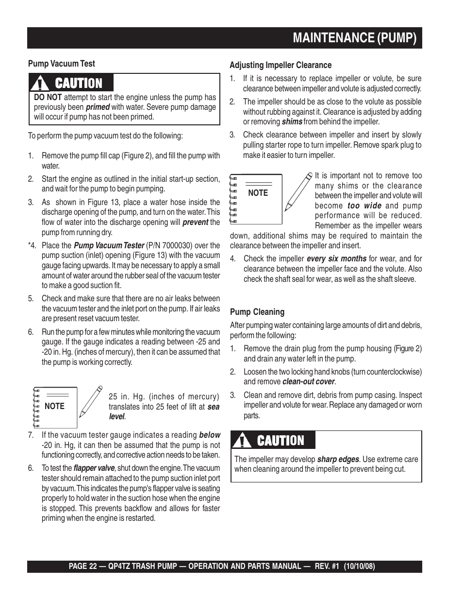 Maintenance (pump), Cauti, Cauti caution cauti cauti cauti cauti caution | Multiquip Trash Pump QP4TZ User Manual | Page 22 / 92