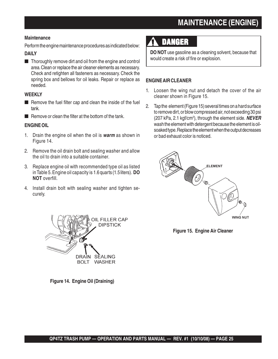Maintenance (engine), Danger | Multiquip Trash Pump QP4TZ User Manual | Page 25 / 92
