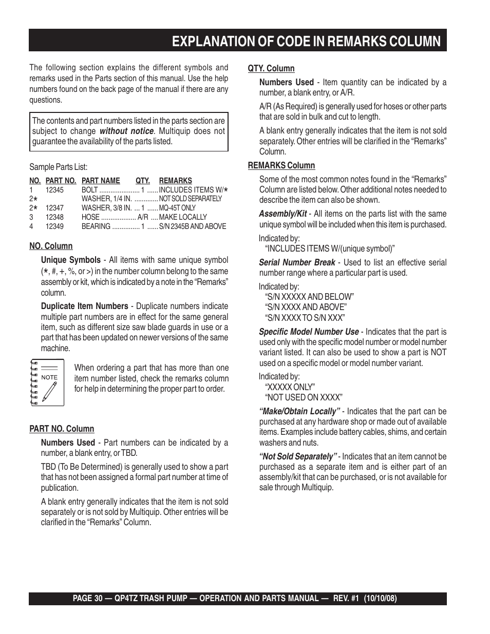 Explanation of code in remarks column | Multiquip Trash Pump QP4TZ User Manual | Page 30 / 92