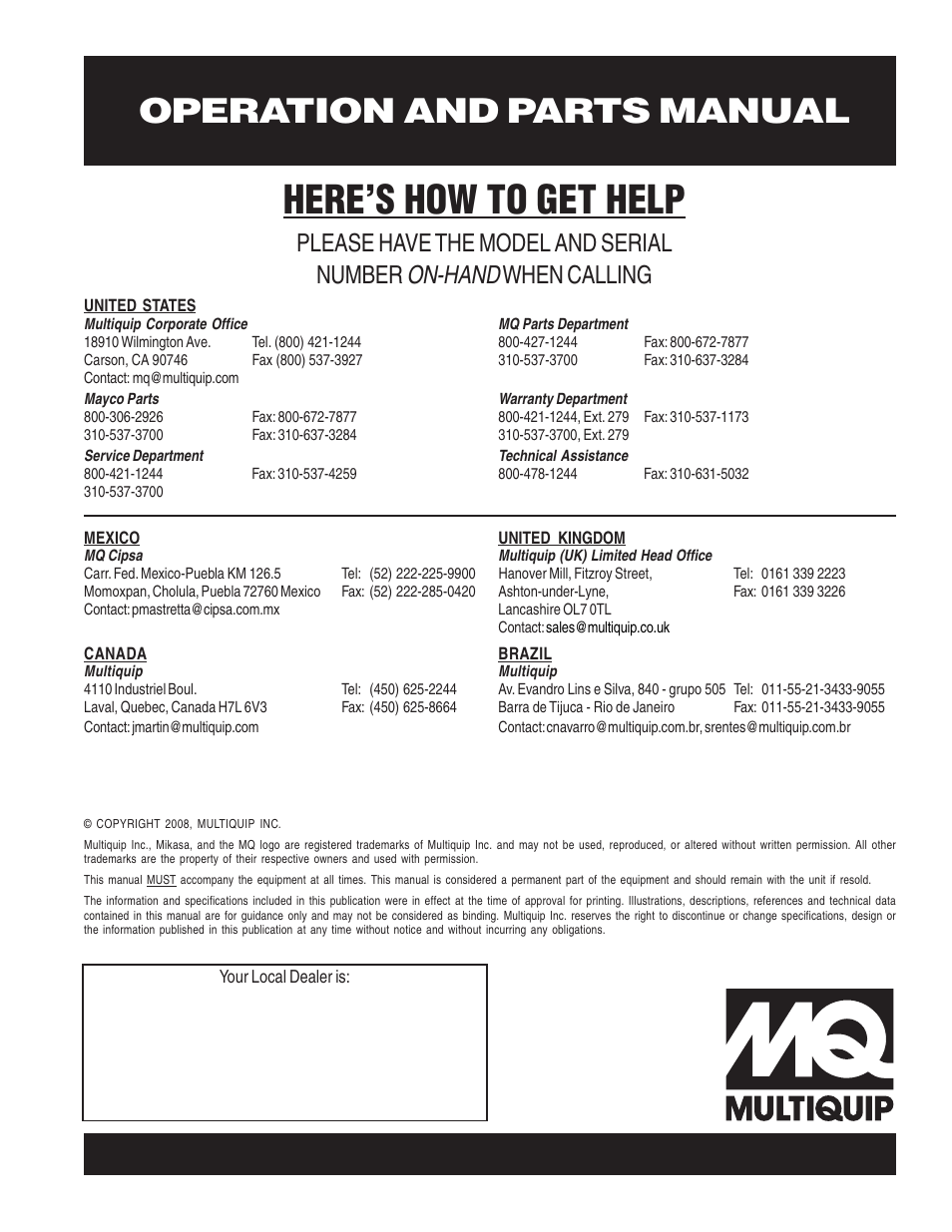 Here’s how to get help, Operation and parts manual, On-hand | Please have the model and serial number, When calling | Multiquip Trash Pump QP4TZ User Manual | Page 92 / 92
