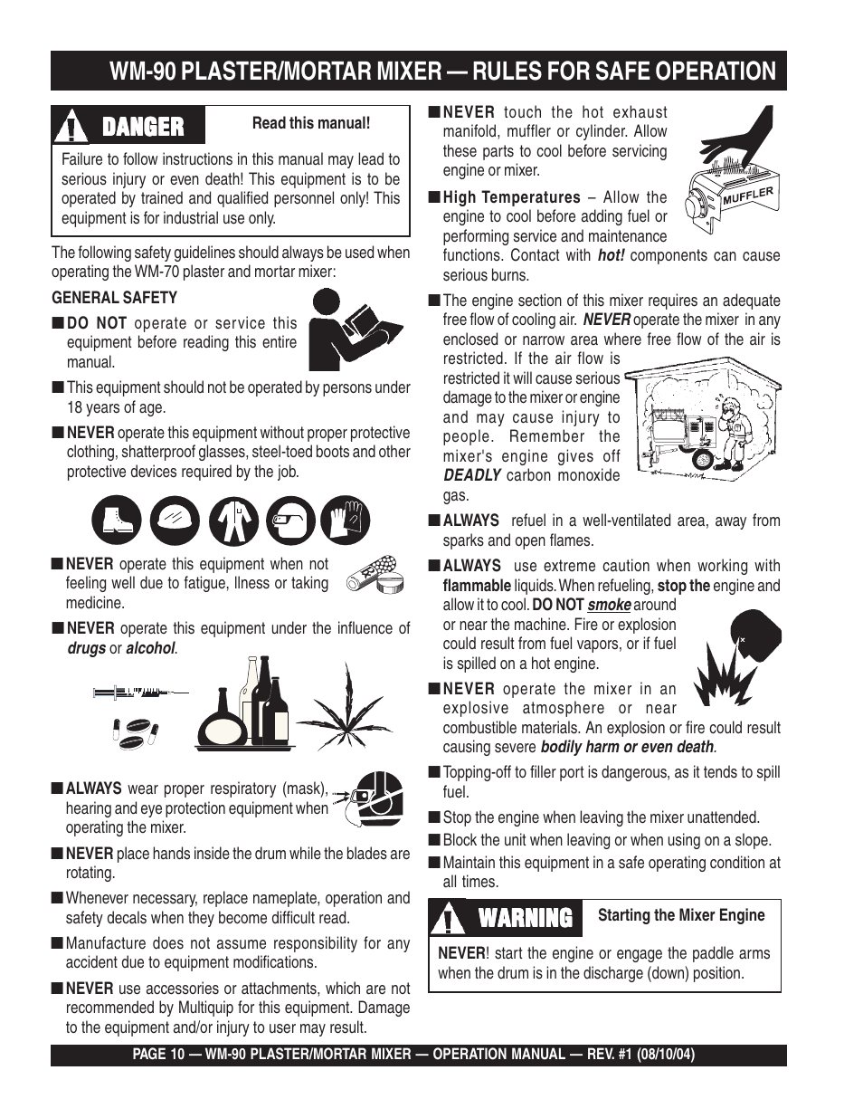 Danger, Warning | Multiquip Plaster and Mortar Mixer WM-90S User Manual | Page 10 / 40