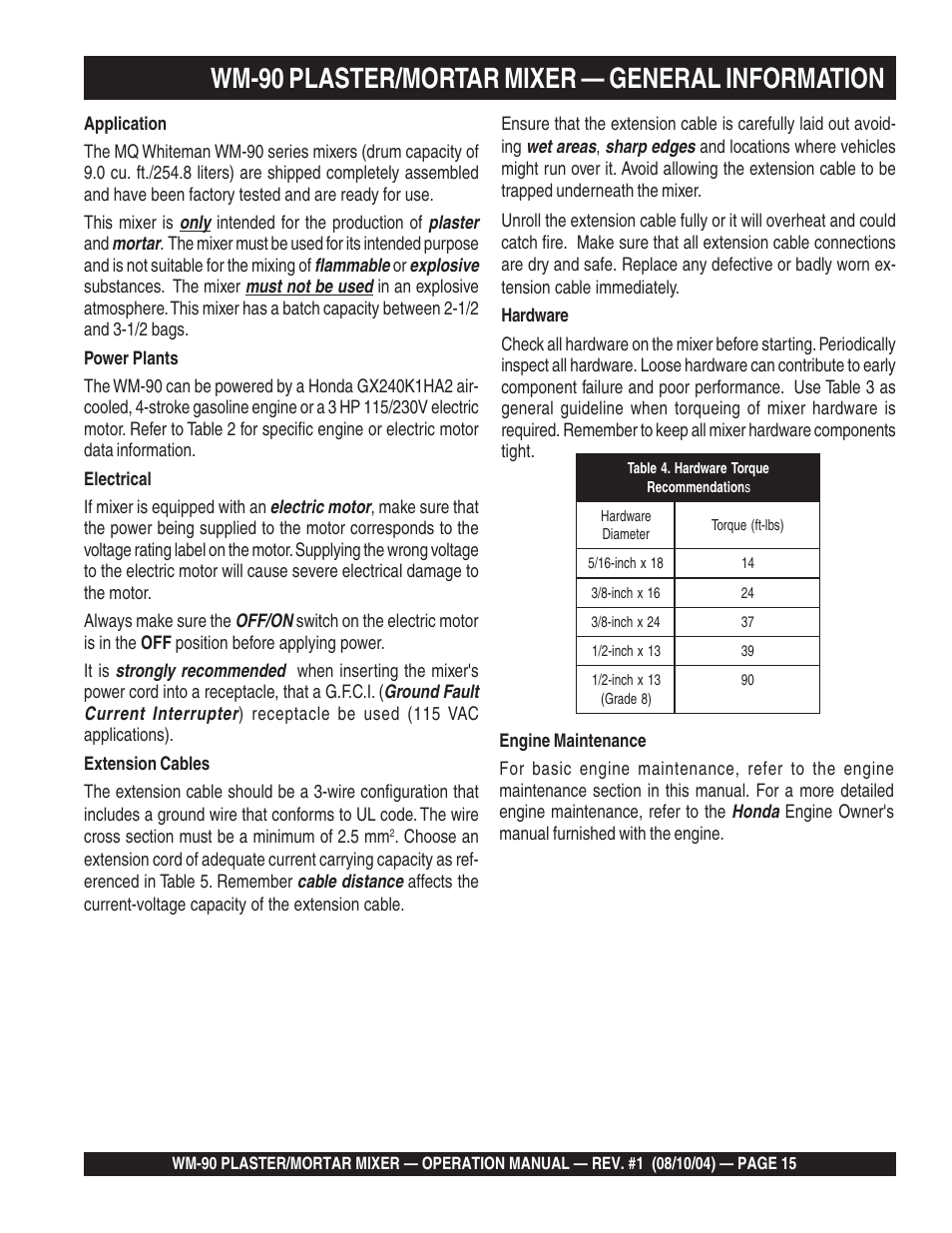 Wm-90 plaster/mortar mixer — general information | Multiquip Plaster and Mortar Mixer WM-90S User Manual | Page 15 / 40