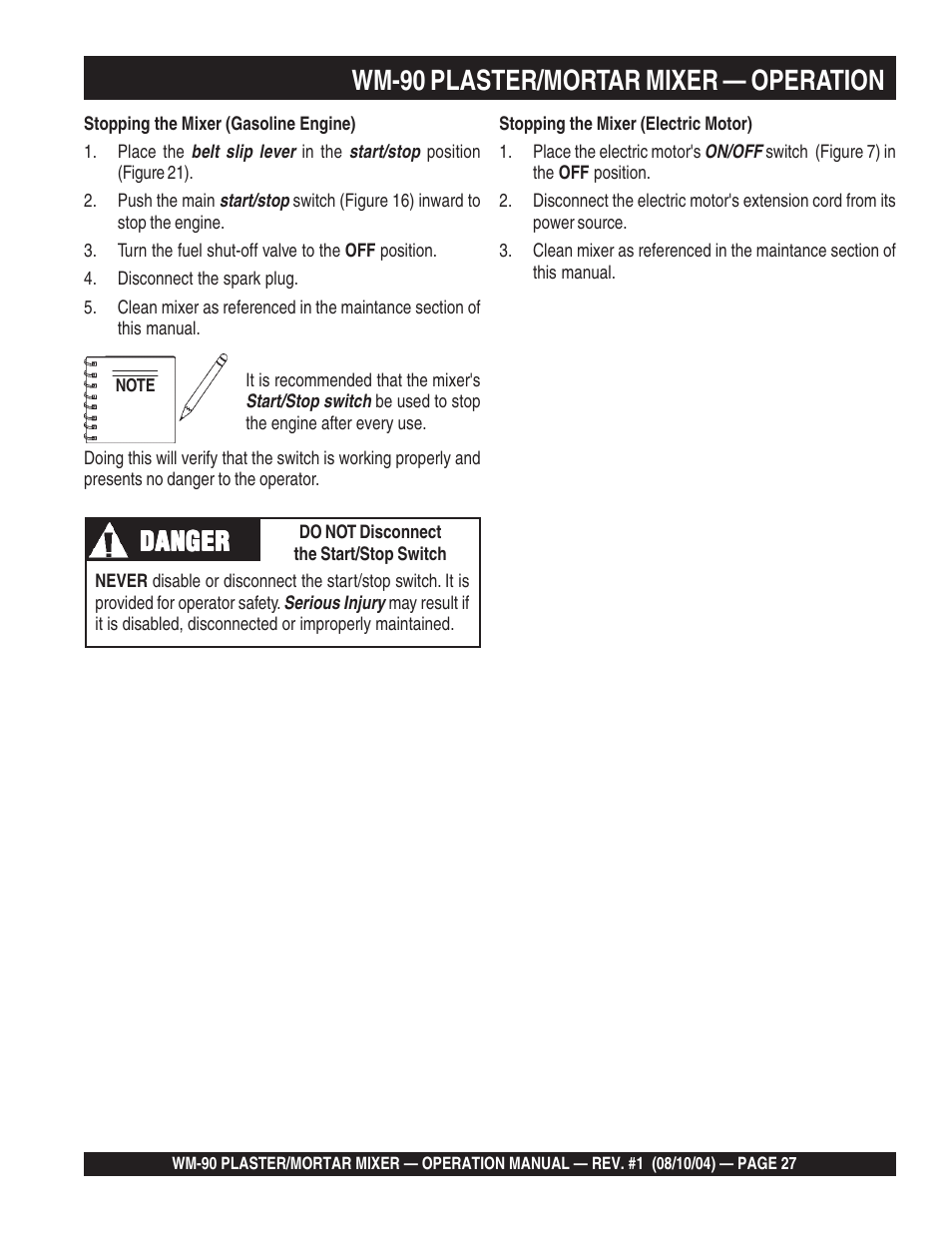 Wm-90 plaster/mortar mixer — operation, Danger | Multiquip Plaster and Mortar Mixer WM-90S User Manual | Page 27 / 40