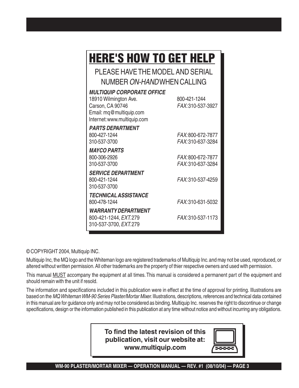 Here's how to get help, On-hand, Please have the model and serial number | When calling | Multiquip Plaster and Mortar Mixer WM-90S User Manual | Page 3 / 40