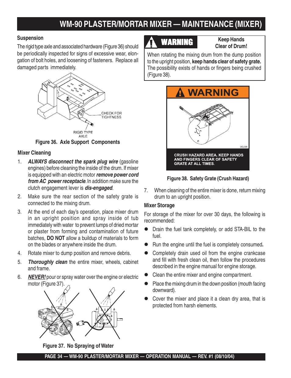 Wm-90 plaster/mortar mixer — maintenance (mixer), Warning | Multiquip Plaster and Mortar Mixer WM-90S User Manual | Page 34 / 40