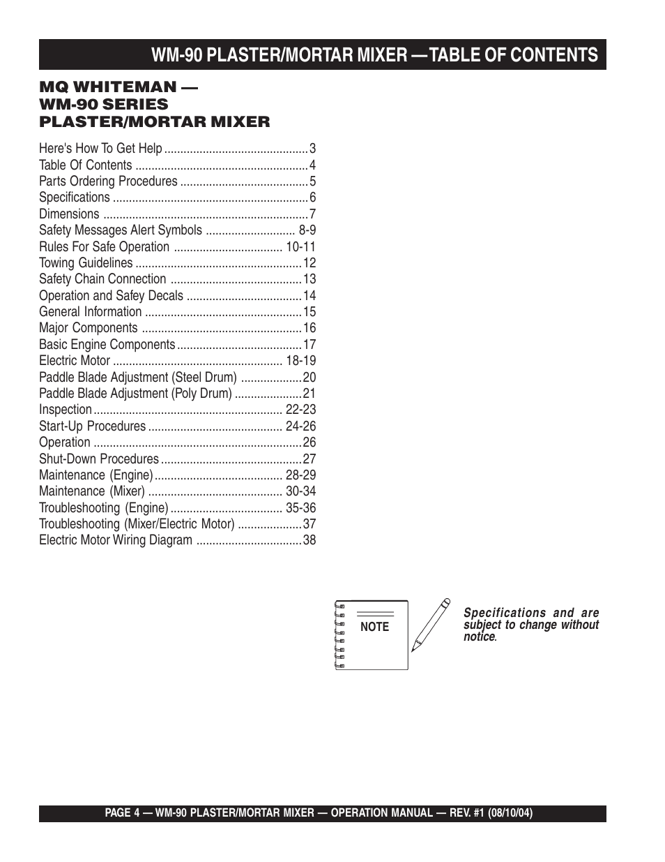 Wm-90 plaster/mortar mixer — table of contents | Multiquip Plaster and Mortar Mixer WM-90S User Manual | Page 4 / 40